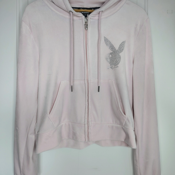 PLAYBOY Jackets & Blazers - PLAYBOY Pale Pink Velour Zip-Up Hoodie with Crystal Bunny
